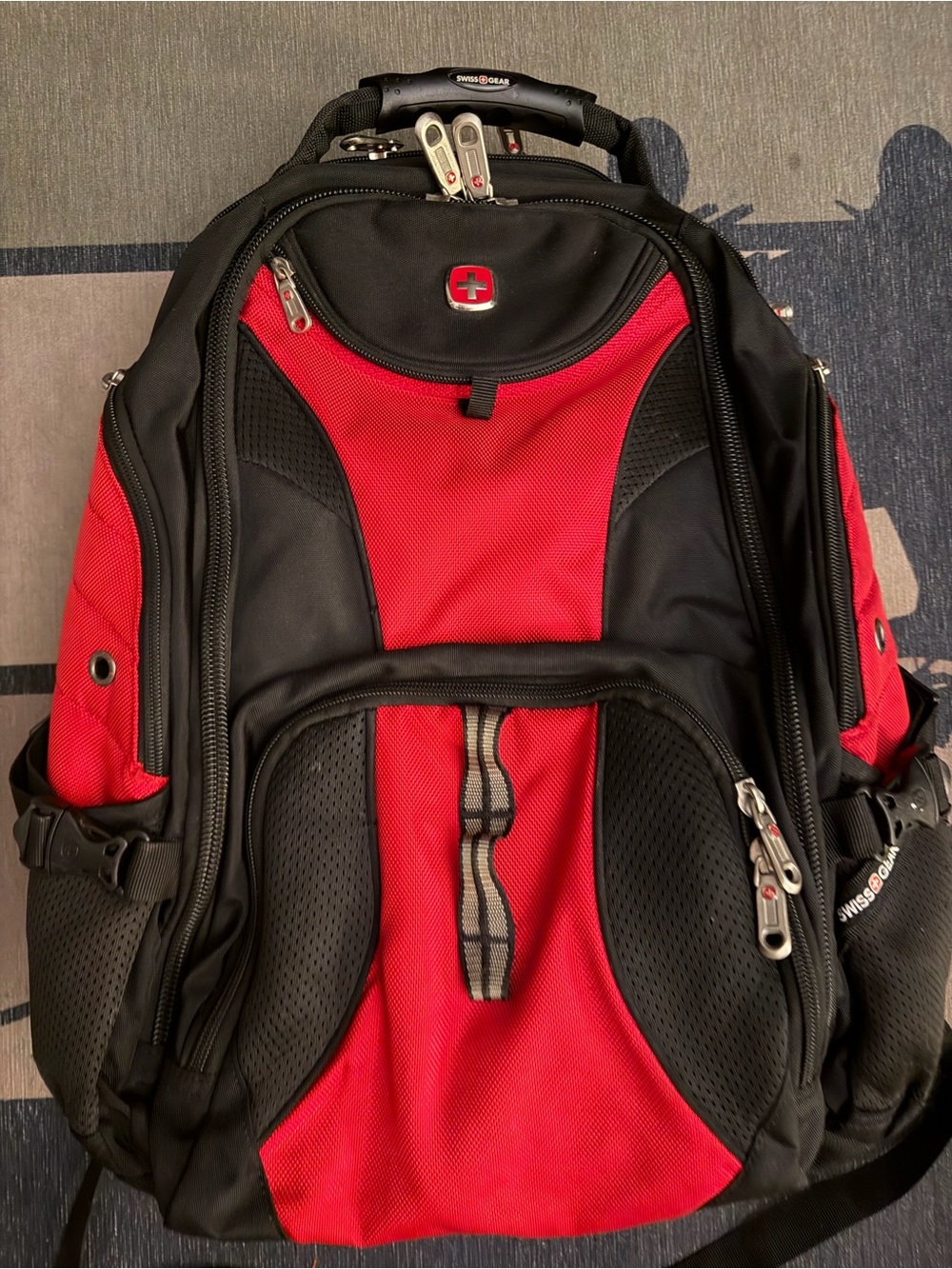 SwissGear Red and Black Men's Backpack with Multiple Compartments, worn once